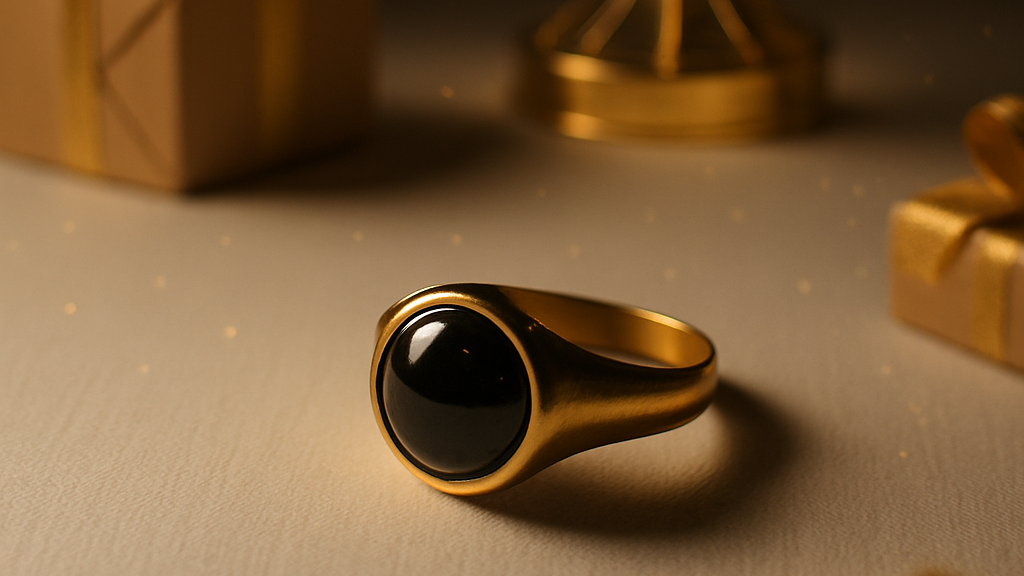 Anillo dorado con piedra negra en un escenario navideño minimalista, con luz cálida y detalles dorados.