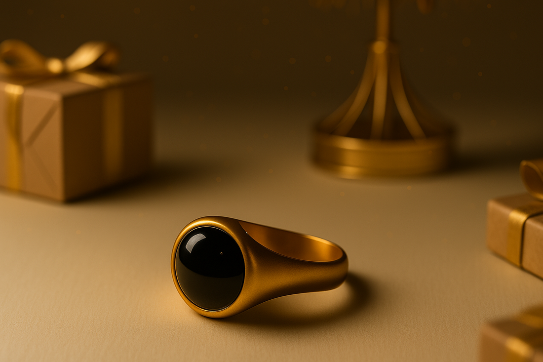 Anillo dorado con piedra negra en un escenario navideño minimalista, con luz cálida y detalles dorados.