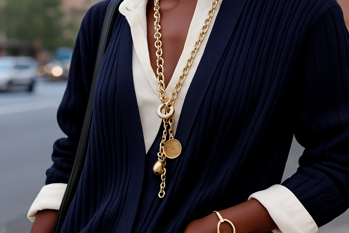 Mujer con look navy y camisa blanca luciendo un collar largo dorado de eslabones en estilo streetstyle elegante.