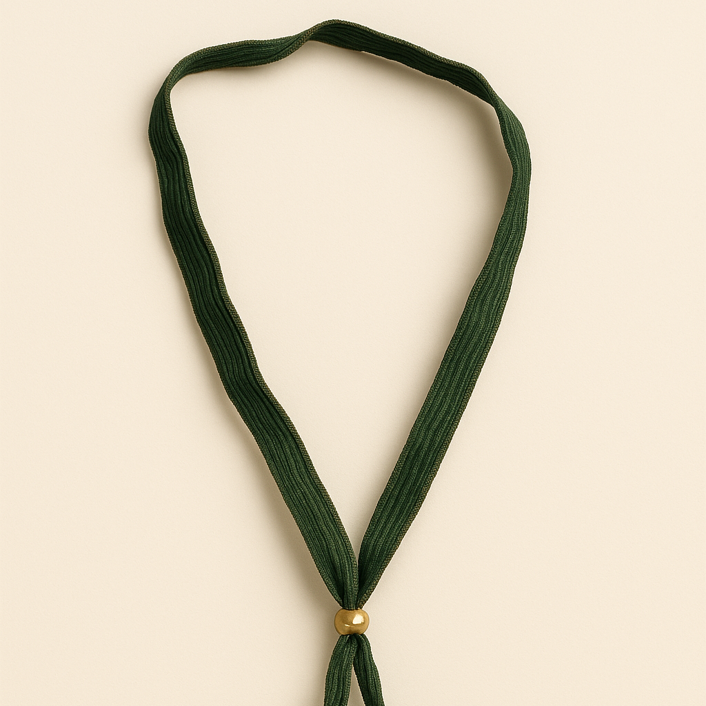 Collar ajustable de seda verde con cerámica artesanal.
