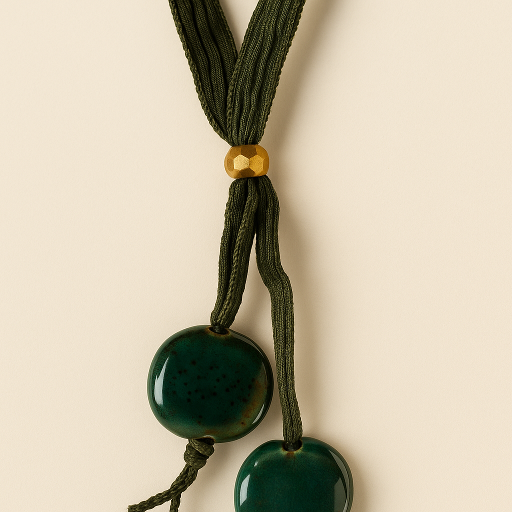 Collar ajustable de seda verde con cerámica artesanal.