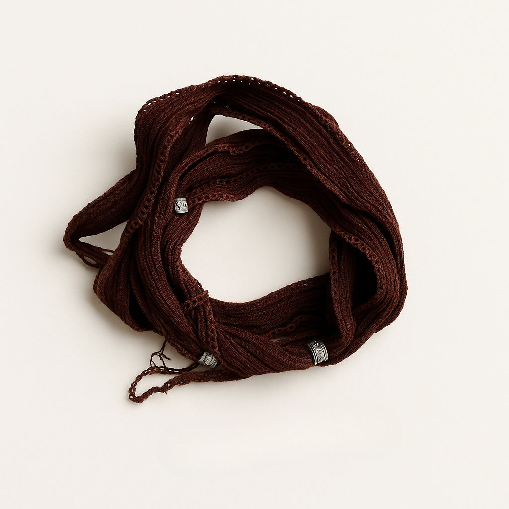 Pulsera artesanal de seda rústica burdeos con apliques plateados, diseño lecool