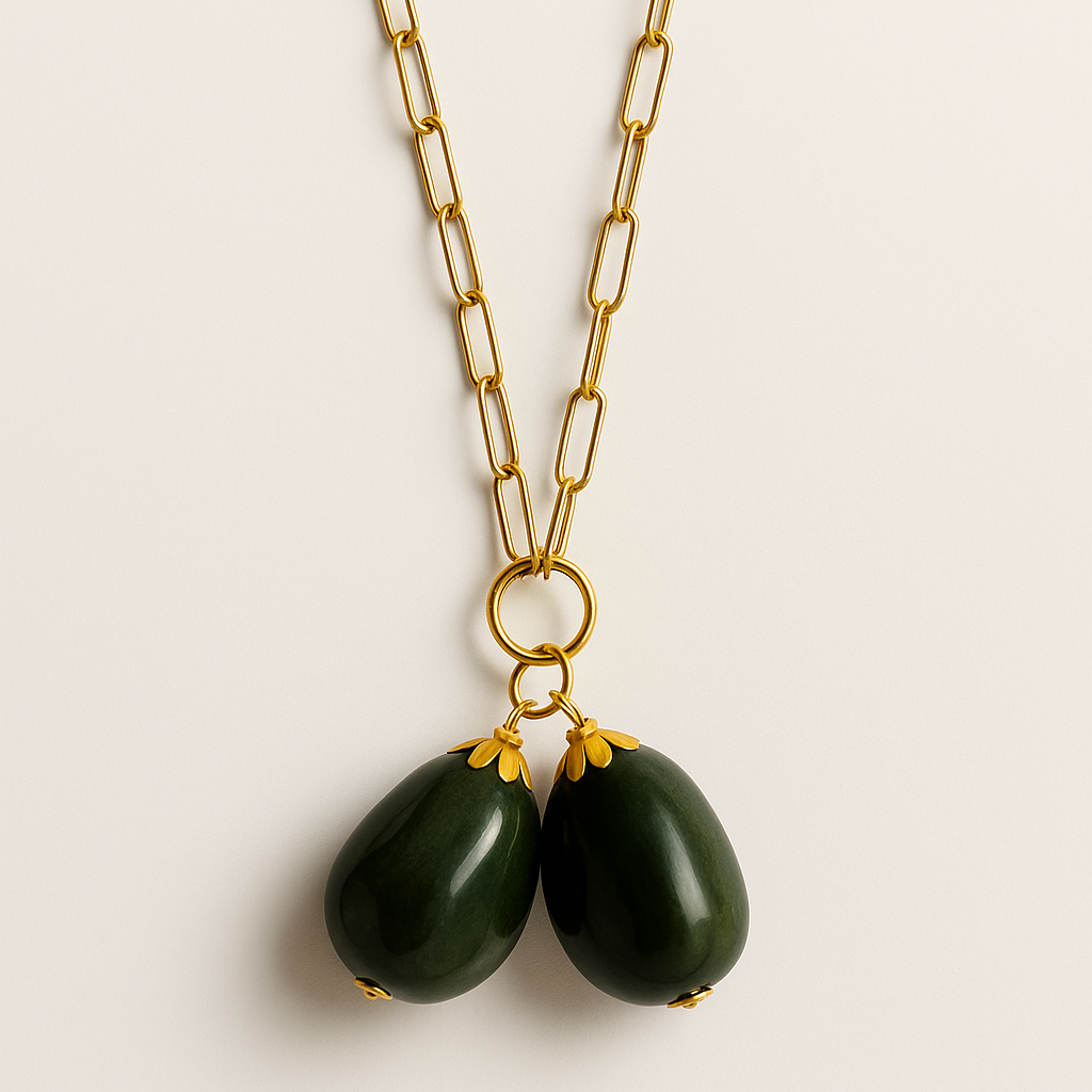 Cadena dorada con doble colgante verde de cerámica hecha a mano, lecool.